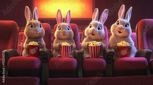 Four adorable rabbits sit in a movie theater enjoying popcorn from colorful containers while watching a film, radiating joy in a cozy cinematic atmosphere.