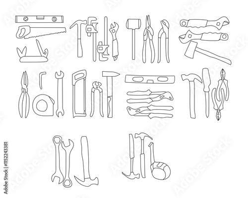 A vector construction tools vector includes items like hammers, drills, saws, tape measures, wrenches, screwdrivers, pliers, levels, cranes, and bulldozers, all depicted in a detailed style