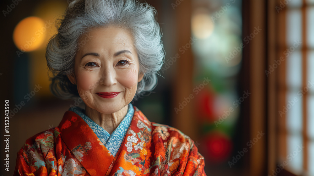 Fototapeta premium Elegant elderly woman in traditional kimono smiling warmly indoors during a cultural celebration