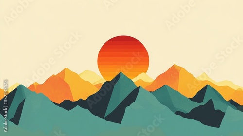 A stylized landscape featuring mountains and a large sun in warm colors.