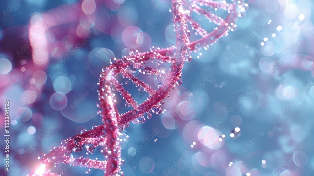 Majestic red DNA double helix spiral with sparkling light bokeh and bubbles, set against a beautiful blue background Majestic red DNA double helix spiral with sparkling light bokeh and bubbles, set against a beautiful blue background