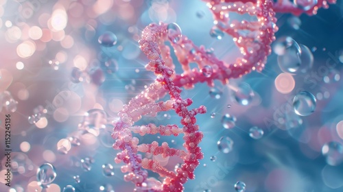 Majestic red DNA double helix spiral with sparkling light bokeh and bubbles, set against a beautiful blue background