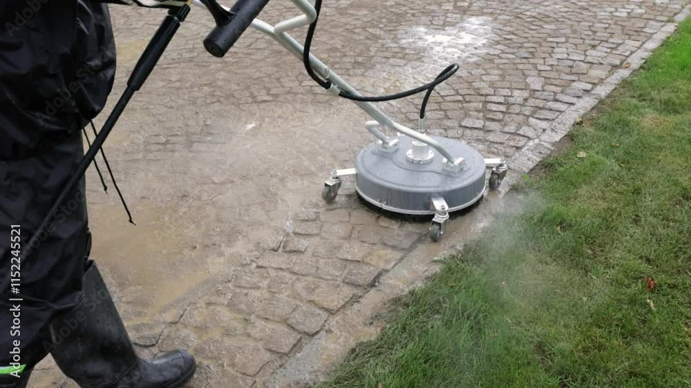 Cleaning service worker washes dirty cobblestone
