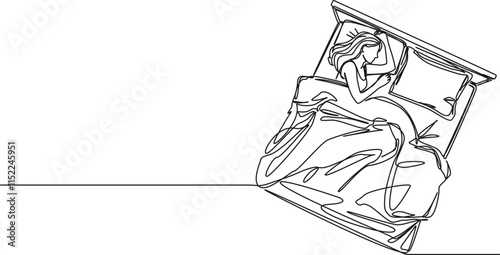 continuous line drawing of woman sleeping in bed, line art vector illustration