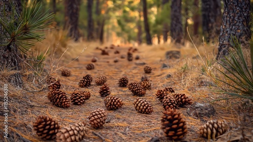 Pine cones scattered across a dirt path in a pine forest during autumn