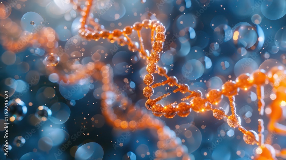 Majestic red DNA double helix spiral with sparkling light bokeh and bubbles, set against a beautiful blue background Majestic red DNA double helix spiral with sparkling light bokeh and bubbles, set against a beautiful blue background
