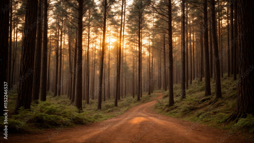 Golden Light Shining Through a Forest Path Golden Light Shining Through a Forest Path