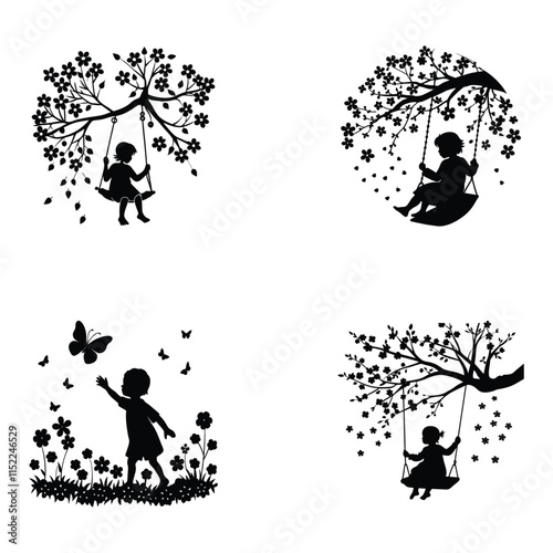 baby swing with bunch of cherry and playing with butterfly in flower garden vector bundle