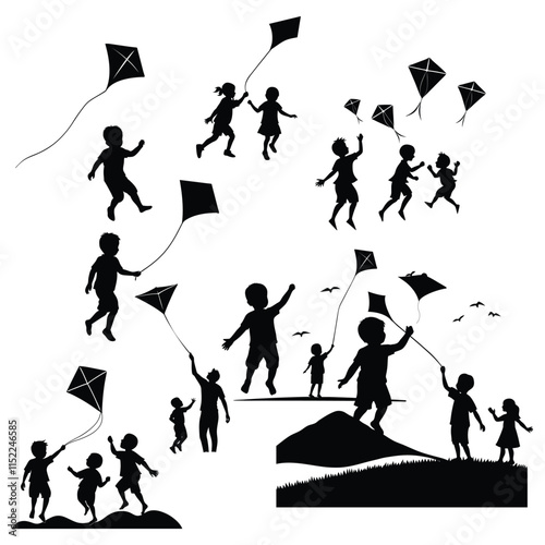 Children playing kites outdoor on grass field vector silhouette bundle
