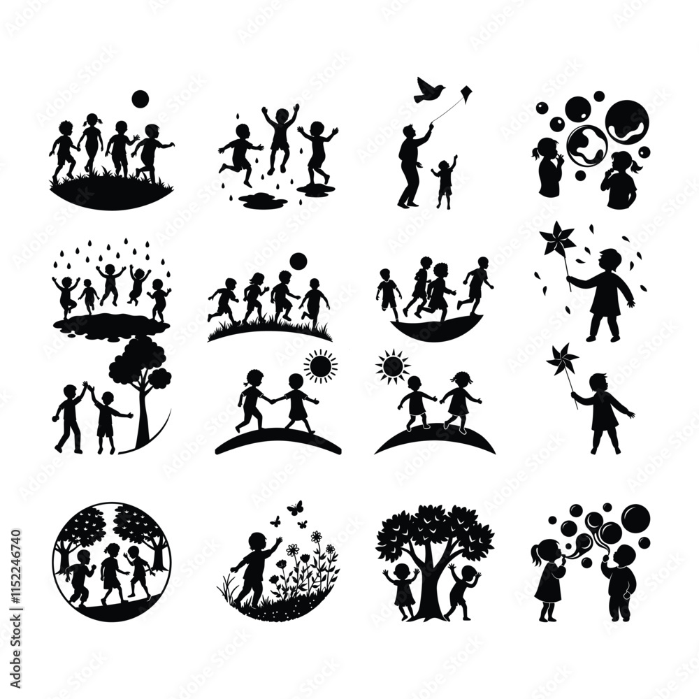 happy childern playing with father nature butterfly and air turbine and other vector bundle happy childern playing with father nature butterfly and air turbine and other vector bundle