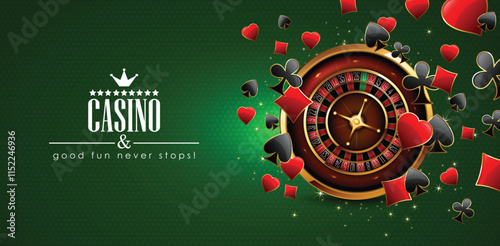 Casino advertising design with a tape measure and casino chips on a green background. 3D vector. High detailed realistic illustration.