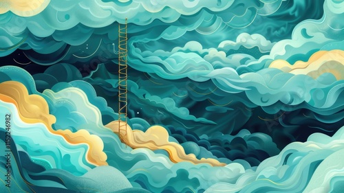 Dreamy stairway ascends through surreal clouds in whimsical sky scene