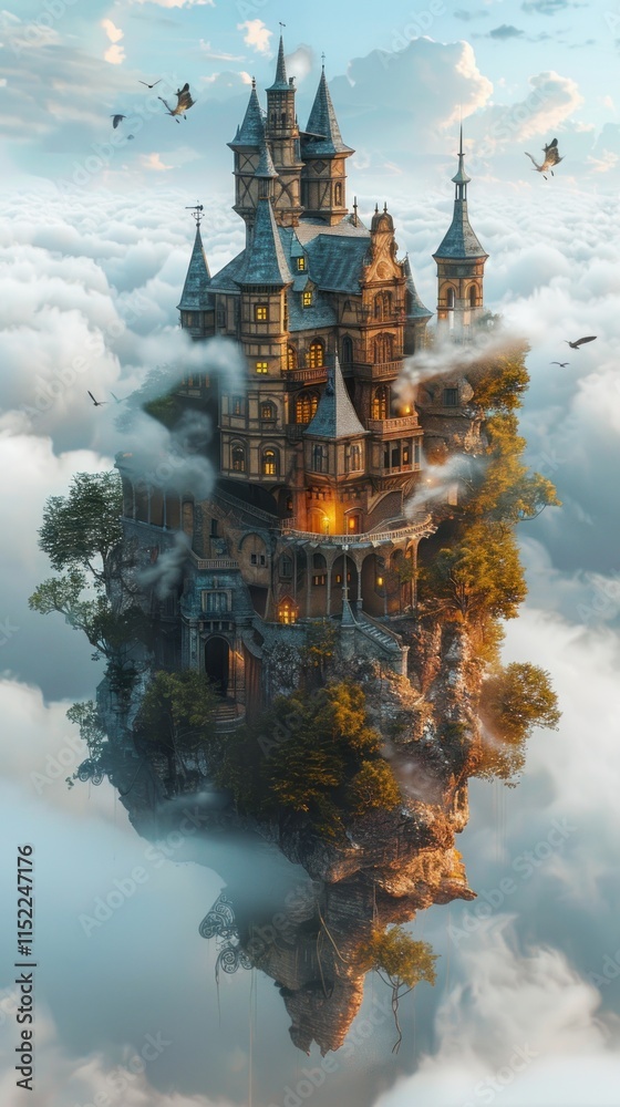 A majestic castle nestled on a floating island amidst clouds, with dragons soaring above. A majestic castle nestled on a floating island amidst clouds, with dragons soaring above.