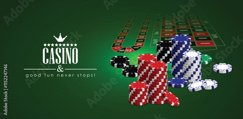 Casino advertising design with a set of multicolored playing chips on a green background. 3D vector. High detailed realistic illustration.