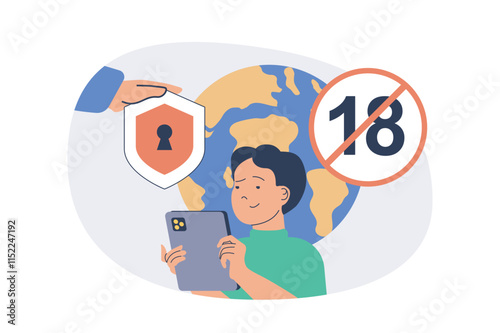 Internet cyber safety for kids web concept with flat cartoon people for website design.