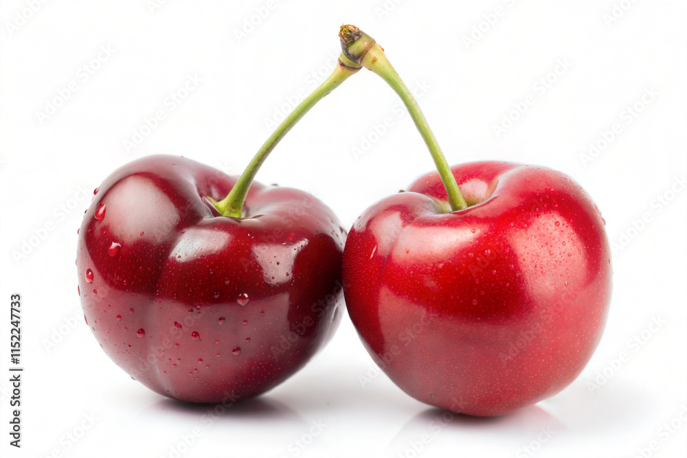 Two ripe red cherries, fresh juicy sweet summer fruit Two ripe red cherries, fresh juicy sweet summer fruit