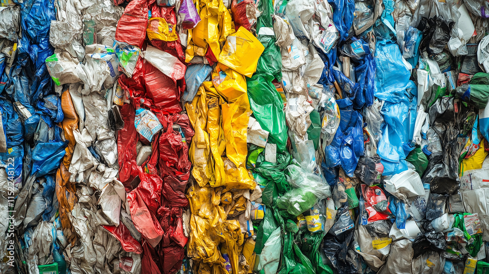 Brightly colored bales of recycled materials are tightly packed together in a facility. Each section represents a different category of waste, showcasing the importance of recycling. Brightly colored bales of recycled materials are tightly packed together in a facility. Each section represents a different category of waste, showcasing the importance of recycling.