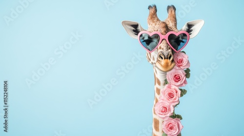 Fototapeta Naklejka Na Ścianę i Meble -  Giraffe wearing heart-shaped sunglasses and adorned with roses against a blue background