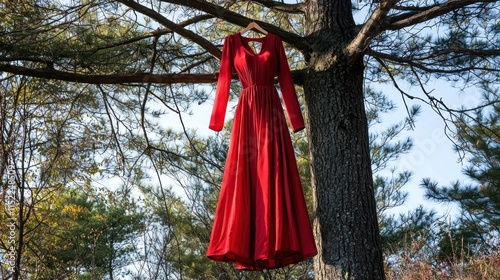 Red dress hanging on a tree in an outdoor setting, symbolic art piece