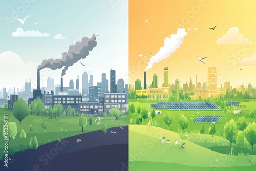 A Striking Illustration of Environmental Contrast: A Divided Landscape Showcasing Polluted Urban Factory Zones on the Left and a Clean, Green Park with Solar Panels on the Right