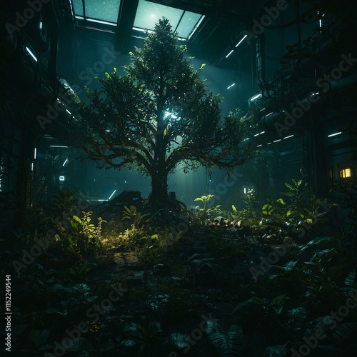 Bioluminescent rainforest at twilight with a glowing ancient tree and magical birds
