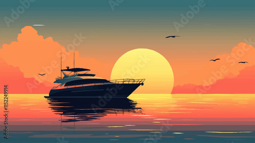 Silhouette of a Luxury Yacht at Sunset on Tranquil Ocean Waters