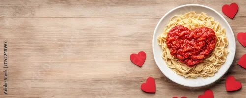 Panel kuchenny z motywem Plate of pasta with tomato sauce shaped like a heart surrounded by red paper hearts on a wooden table