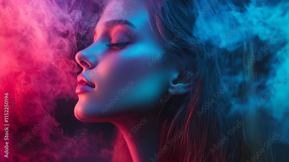 Profile of a woman in dramatic neon lighting Profile of a woman in dramatic neon lighting