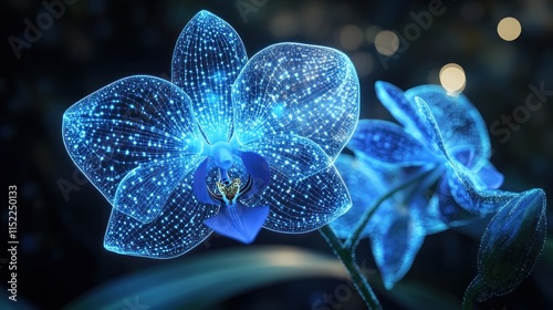 Glowing blue orchid flowers with intricate details, illuminated against a dark background.
