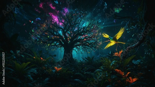 Bioluminescent rainforest at twilight with a glowing ancient tree and magical birds