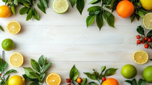 Fresh citrus slices with herbs on a light wooden table photo