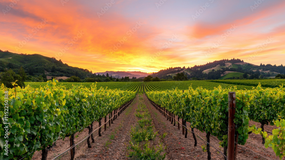 Naklejka premium Drink Wine Day concept. dreamy vineyard scene with rows of grapevines under sunset sky
