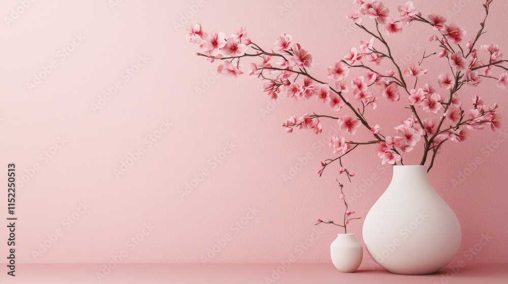 Minimalist vase with pink blossoms on pastel wall Minimalist vase with pink blossoms on pastel wall