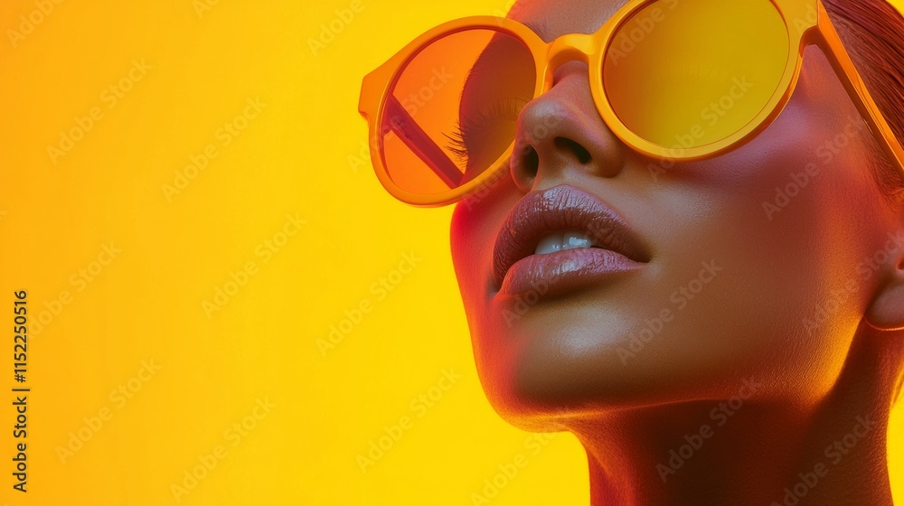 Stylish woman in sunglasses against a bold yellow background Stylish woman in sunglasses against a bold yellow background