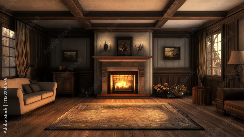 Fototapeta premium Spacious living room with traditional fireplace