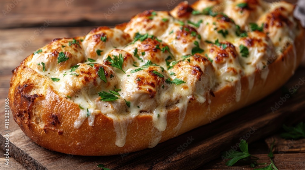 Obraz premium Golden Chicken Alfredo Bread Boat stuffed with creamy Alfredo sauce, tender chicken, and melted mozzarella cheese, topped with fresh parsley for a gourmet family meal