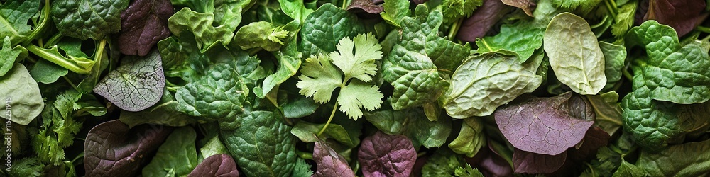 sprig of fresh cilantro placed on vibrant bed of mixed greens under bright natural light