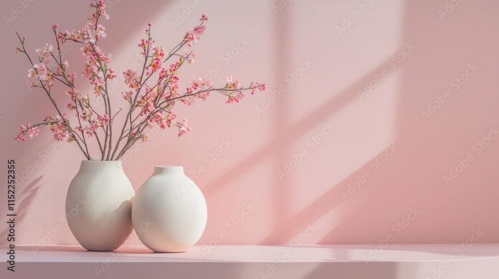 Minimalist cherry blossoms in vases with soft shadows Minimalist cherry blossoms in vases with soft shadows