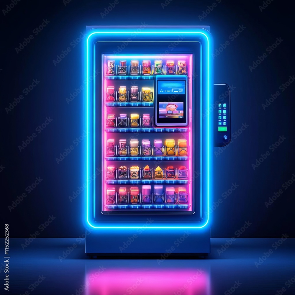 High-tech vending machine glowing in a futuristic urban setting, cashless convenience High-tech vending machine glowing in a futuristic urban setting, cashless convenience