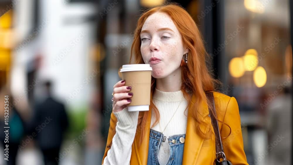 young red hair freckled woman drinking coffee in paper cup in the street commuting to work young red hair freckled woman drinking coffee in paper cup in the street commuting to work