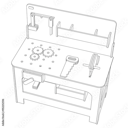 Workbench in workshop with repair tools, work equipment. Workspace, storage table, garage with mechanic supplies, hammer, wrench and screwdriver. Vector illustration isolated on white background