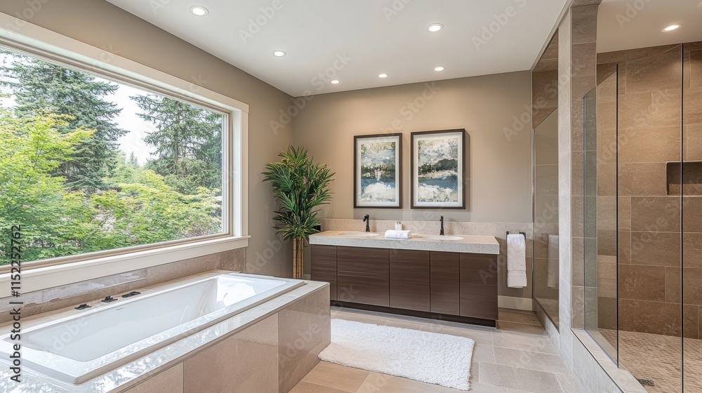 Fototapeta premium Modern bathroom with large window overlooking green forest.