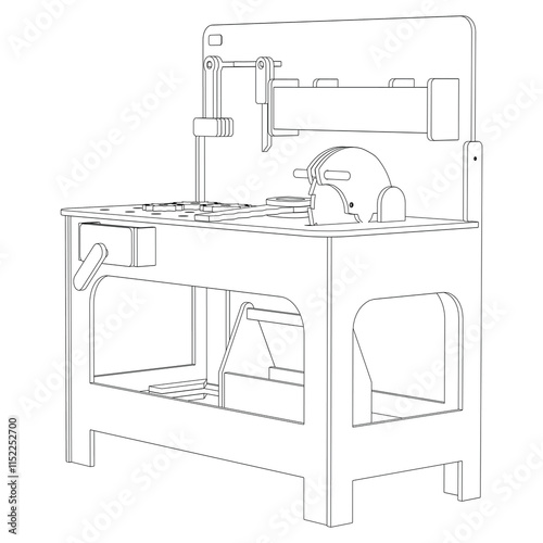 Workbench in workshop with repair tools, work equipment. Workspace, storage table, garage with mechanic supplies, hammer, wrench and screwdriver. Vector illustration isolated on white background