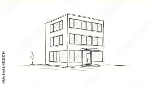 Hand-drawn office building with multiple floors and an entrance, drawn in a clean line art style