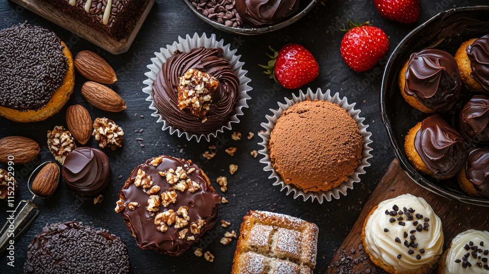 Assorted desserts and chocolate treats on a dark background Assorted desserts and chocolate treats on a dark background