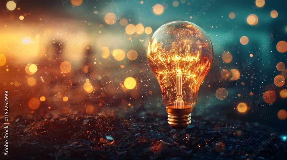 Glowing light bulb with warm bokeh lights in the background Glowing light bulb with warm bokeh lights in the background