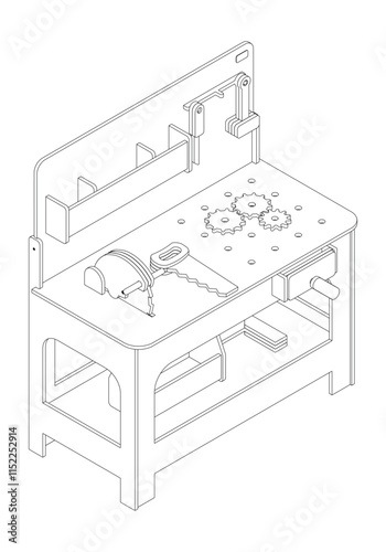 Workbench in workshop with repair tools, work equipment. Workspace, storage table, garage with mechanic supplies, hammer, wrench and screwdriver. Vector illustration isolated on white background