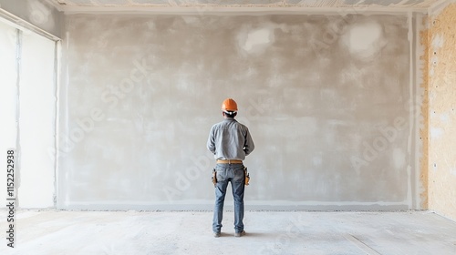worker in hard hat is standing in middle of renovated room inspecting walls for imperfections