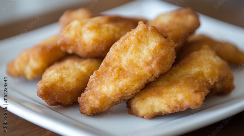 Crispy Chicken Nuggets on White Plate Close Up Crispy Chicken Nuggets on White Plate Close Up