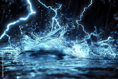 Lightning bolts hitting water with dramatic splashes, stormy sky, electric energy, powerful nature forces, high-quality wallpaper for backgrounds and digital art lovers photo